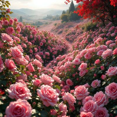 The primary subject of the image is a beautiful field filled with a variety of pink flowers. The setting is a lush, green hillside with a mountainous background. The visual style of the image is a photo, capturing the vibrant colors and natural beauty of the flowers. The dominant colors in the image are pink, creating a warm and inviting atmosphere.